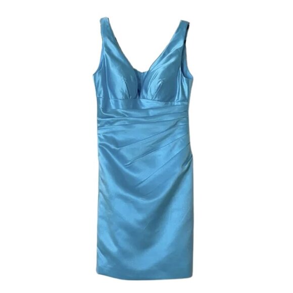 Azazie Dresses & Skirts - Azazie Blue Satin V Neck Draped Mini Dress Sz. 8